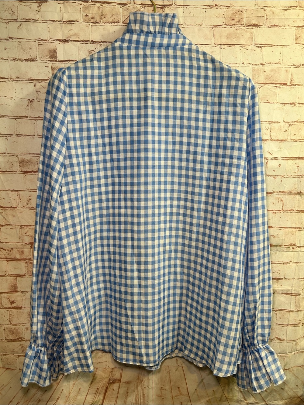 Blue White Gingham Ruffle Blouse Puff Sleeve Button Front Preppy Cottagecore Top - Picture 4 of 7
